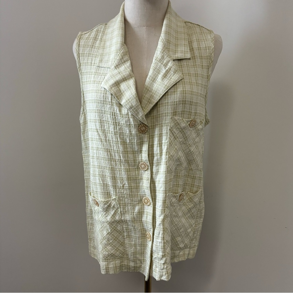 Vintage ZMZ Sport Sleeveless Light Green & White Plaid Button Down Shirt